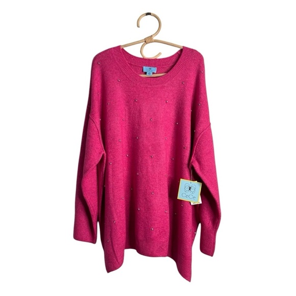 CeCe Hot Pink Drop Shoulder Crewneck Slouchy Rhinestone Stud Sweater 3X NEW - Picture 3 of 14